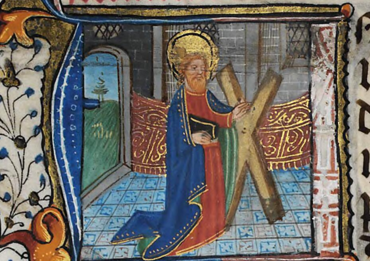 Św. Andrzej Apostoł w średniowiecznym manuskrypcie rodziny De Grey ok. 1390 r.  Kościół obchodzi dziś święto św. Andrzeja, pierwszego apostoła powołanego przez Jezusa