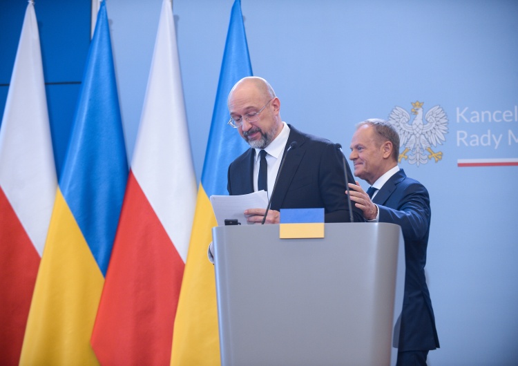 Donald Tusk i Denis Szmyhal Eksport zbóż z Ukrainy. Premier Szmyhal przedstawił swoją wizję