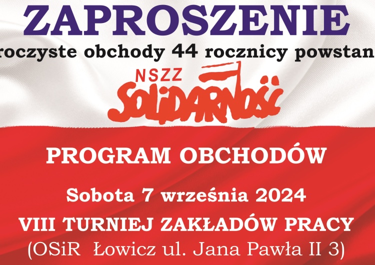 Zaproszenie na 44. urodziny Solidarności do Łowicza
