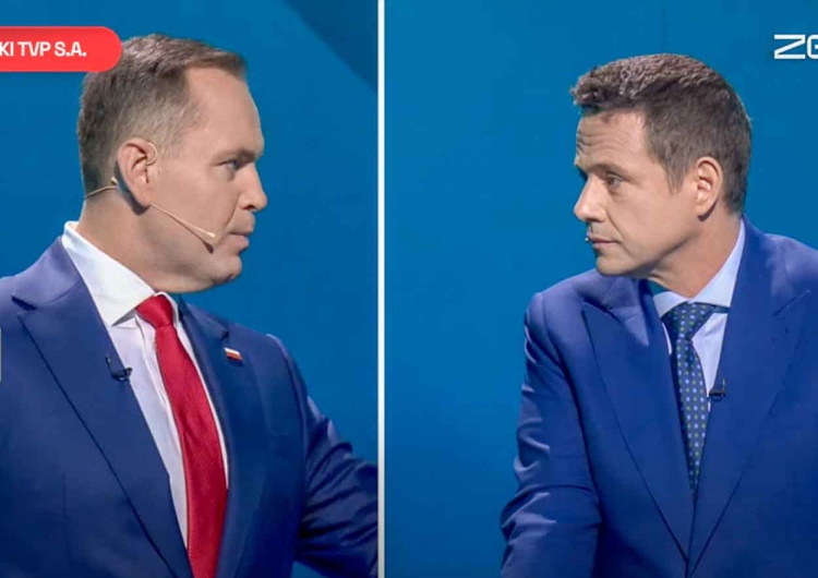 Karol Nawrocki i Rafał Trzaskowski podczas debaty TVP Nawrocki kontra Trzaskowski w debacie TVP. Padły mocne słowa