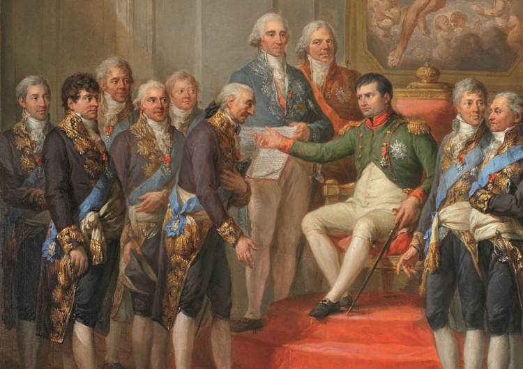 Obraz z cesarzem Napoleonem na tronie i urzędnikami z jego czasów Jak Polacy wciąż zakochują się w cudzych mocarstwach - od Rosji Katarzyny po współczesny Kijów