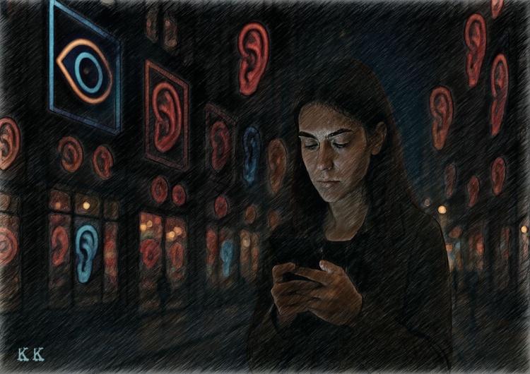 Kobieta z telefonem komórkowym w otoczeniu budynków z oczami i uszami Podglądactwo zamiast kultury. Jak straciliśmy wstyd i prywatność