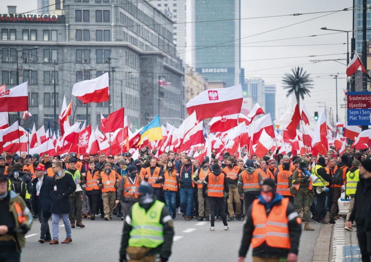 Ludzie maszerujący z flagami Polski Obce wpływy, słabość gospodarcza i narodowe opowieści