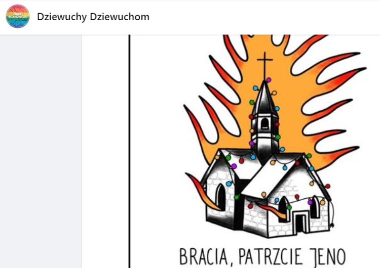 grafika z płonącym kościołem na fanpejdżu 
