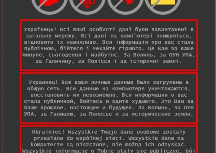  Ukraina: Zmasowany atak hakerski na strony rządowe. Napisy po polsku: „Za Wołyń, za UPA”
