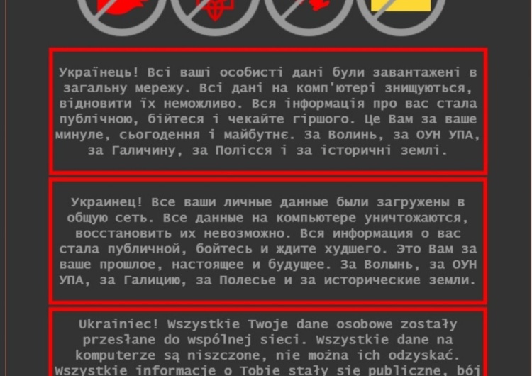 Ukraina: Zmasowany atak hakerski na strony rządowe. Napisy po polsku: „Za Wołyń, za UPA”