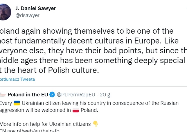 tweet J. Daniela Sawyera Polacy pomagają Ukraińcom. Amerykański pisarz: W sercu polskiej kultury tkwi coś głęboko wyjątkowego
