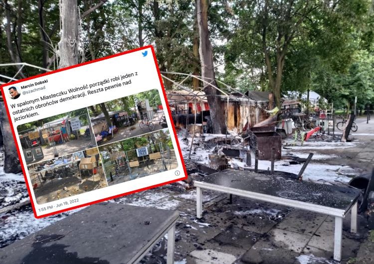 Dziennikarz publikuje zdjęcia spalonego „miasteczka” KOD pod Sejmem. Obrońcy demokracji „nad jeziorkiem”?